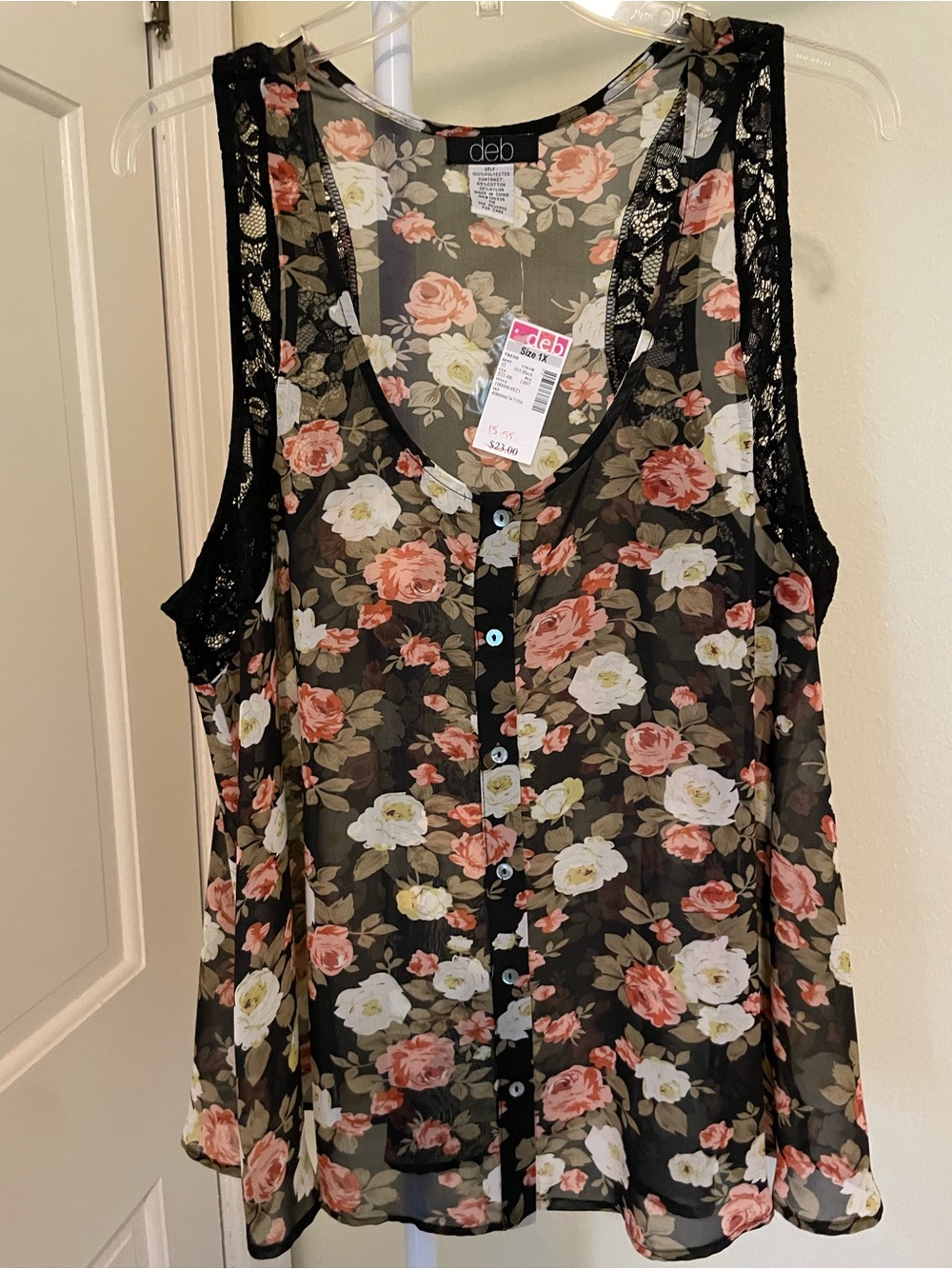 NWT Deb Black Sheer Floral Button-Front Tank with Pink & Cream Roses. 1X.